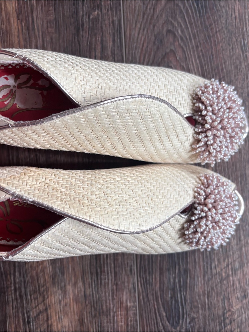 Poetic License Cream Woven Flats with Pearl Pom Detail